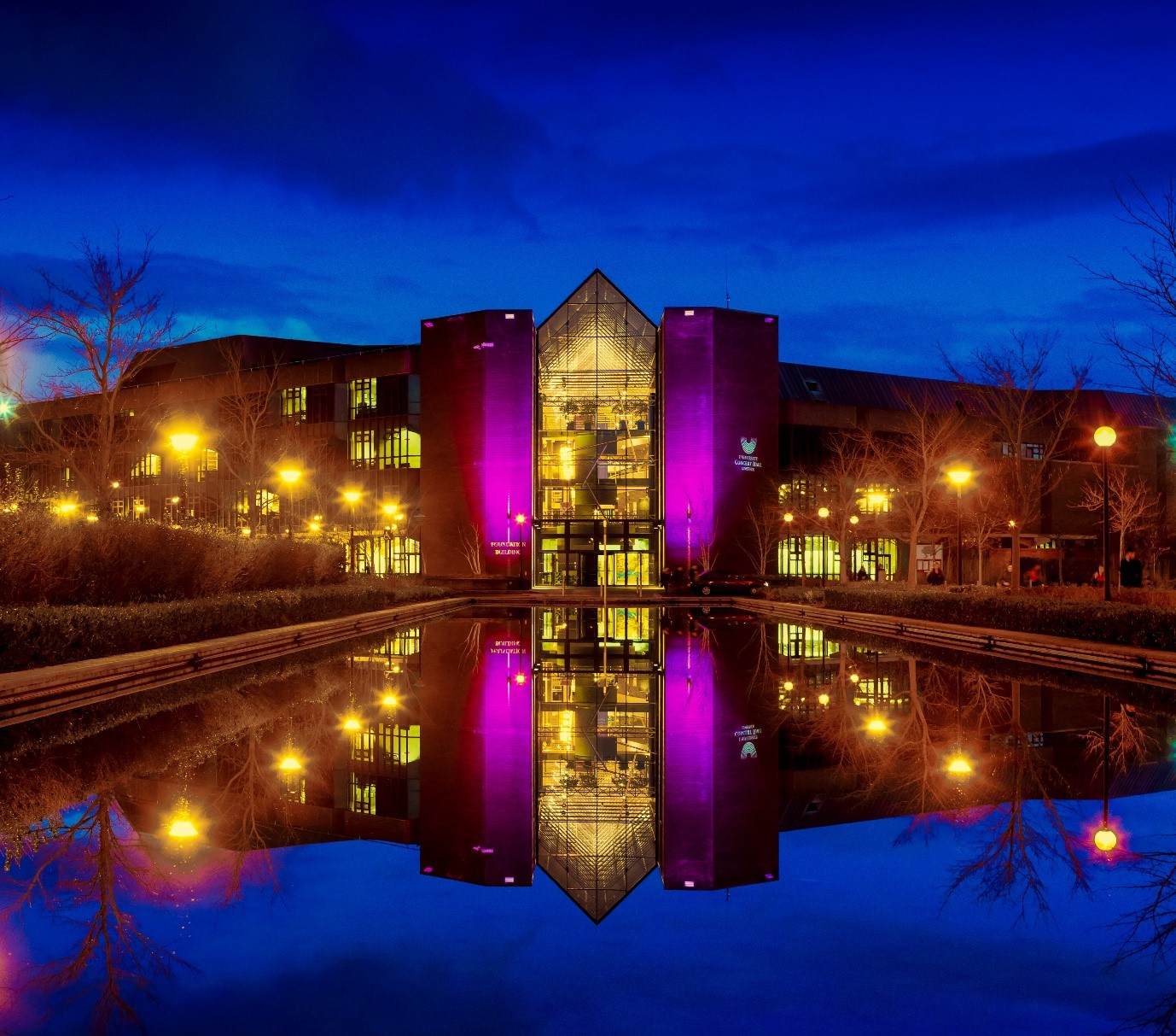 Outside front night view of University Concert Hall Limerick